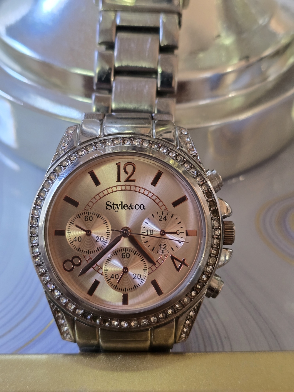 Style & Co. Women's Silver-Tone Crystal Accent Watch - Rose Dial